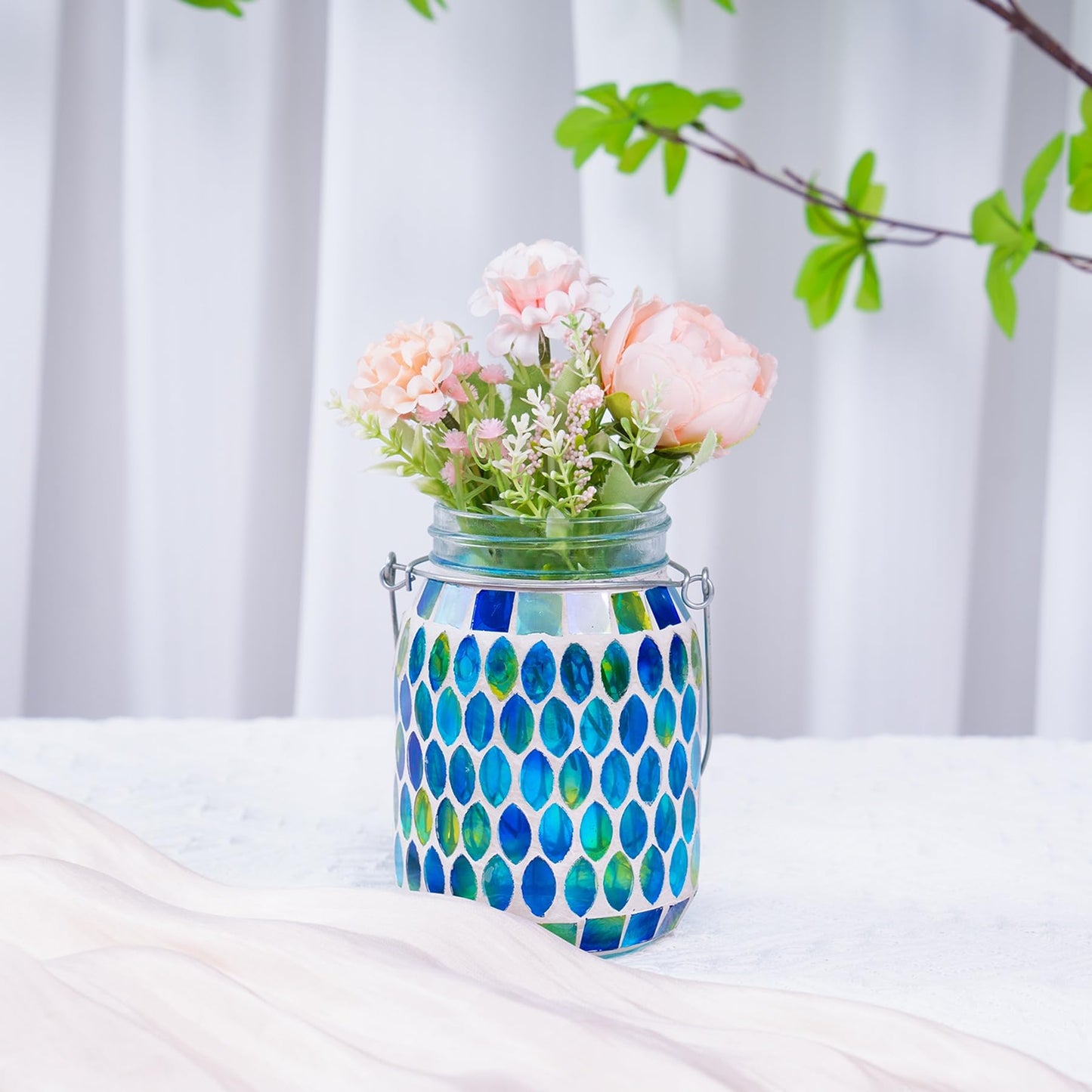 Rancco Blue Mosaic Solar Lantern Outdoor, Waterproof Hanging Solar Light, Glass Jar Style Mosaic Lamp for Garden Patio Decor, Solar-Powered Pathway Night Light, Unique Gifts for Women Mom Grandma