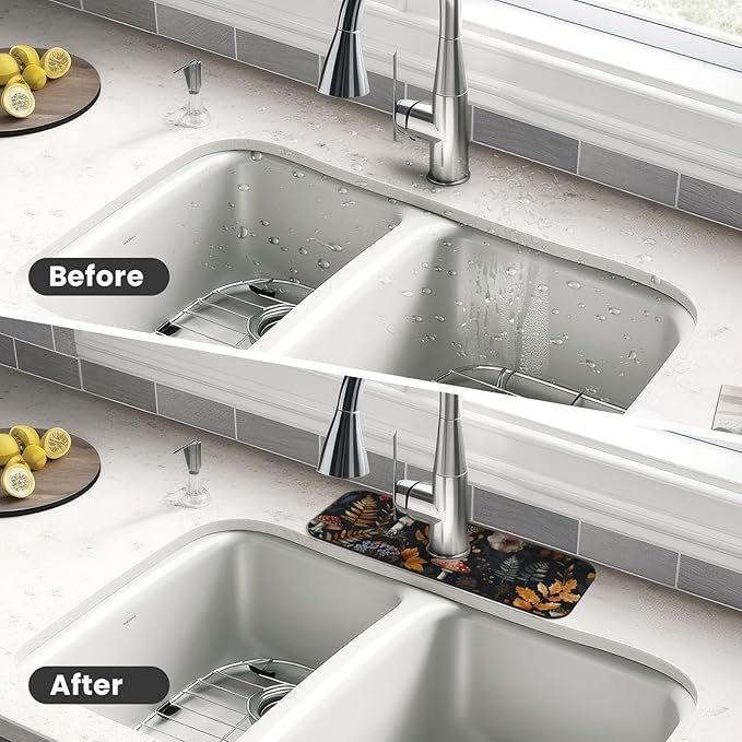 Faucet Draining Mat For Kitchen Sink, Mushrooms Ferns Wildflowers Diatom Mud