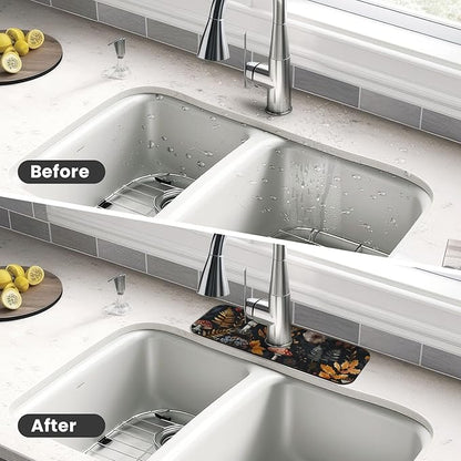 Faucet Draining Mat For Kitchen Sink, Mushrooms Ferns Wildflowers Diatom Mud