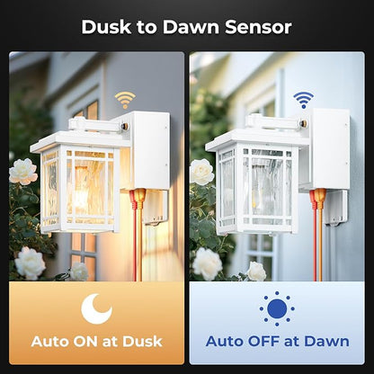 2-Pack Outdoor Wall Light with GFCI Outlet, White Dusk to Dawn Exterior Light Fixture Wall Lantern, Waterproof Front Porch Lights Wall Mount, Modern Outdoor Coach Lights with Water Ripple Glass