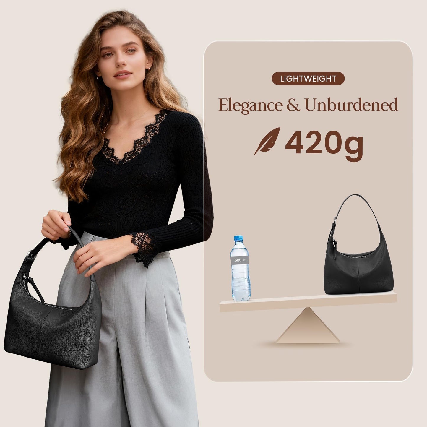 befen Genuine Leather Slouchy Hobo Purses for Women, Ultra Lightweight Shoulder Purse, Real Top Grain Leather Handbags Women's Black Shoulder Bag Satchel for Shopping, Travel Casual