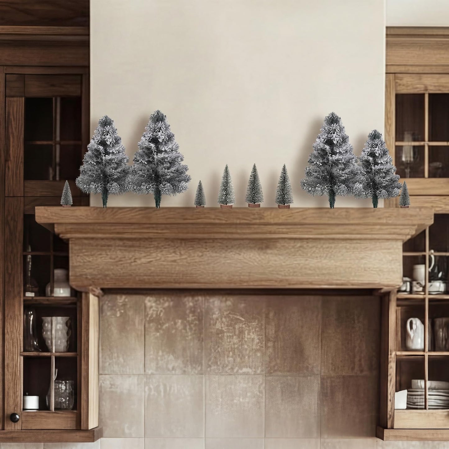 Sanwuta 21 Pcs Above The Cabinet Christmas Tree Decor 6 Flocked Snowy Trees 15 Mini Snowy Brush Trees Over The Cabinet Decorations Winter Xmas Tree for Mantel Bookshelf Table Indoor Kitchen Decor