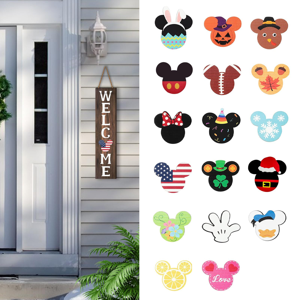 FUEMEILY 15.7'' Cute Mouse Seasonal Interchangeable Home Sign for Front Porch,18pcs Interchangeable Hanging Vertical Welcome Door Sign for Farmhouse/Wall/Porch Decor and Housewarming Gift