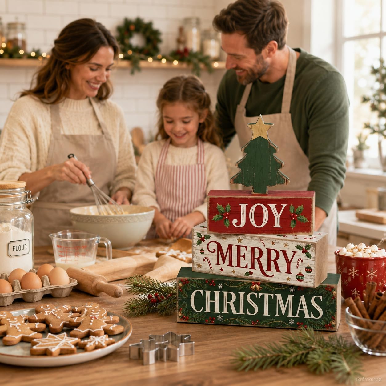 4 Pcs Christmas Decor Joy Merry Christmas Wooden Block Signs Farmhouse Rustic Tabletop Centerpiece Xmas Tiered Tray Decor with Green Tree for Home Kitchen Mantel Shelf Party Gift