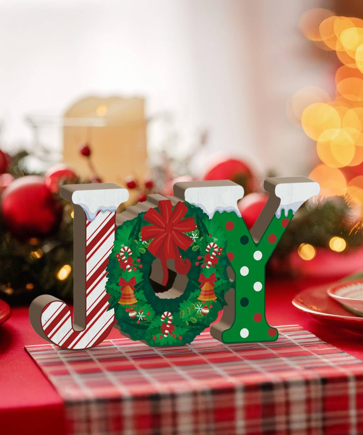 Putuo Decor Christmas Table Decor, Red Joy Christmas Letters Decorations Indoor with Wreath Candy Cane Pattern, Wooden Joy Christmas Sign for Home Fireplace Mantel Xmas Holiday Decor