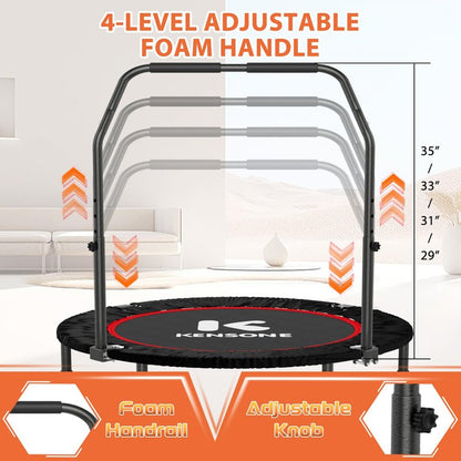 K KENSONE 40” Mini Flodable Spring Rebounder Trampoline for Adults with Adjustable Bar, Small Exercise Trampoline for Indoor Workout and Fitness, Purple Resistance Band Included, Max Load 330 LBS