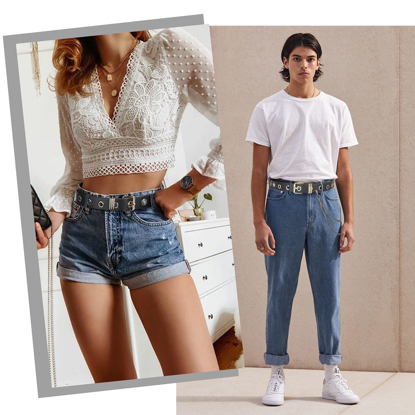 FIORETTO Grommet Leather Belt with Detachable Chain Women Men Punk Rock Waist Belts for Jeans Pants Single Holes (With Gold Chain)