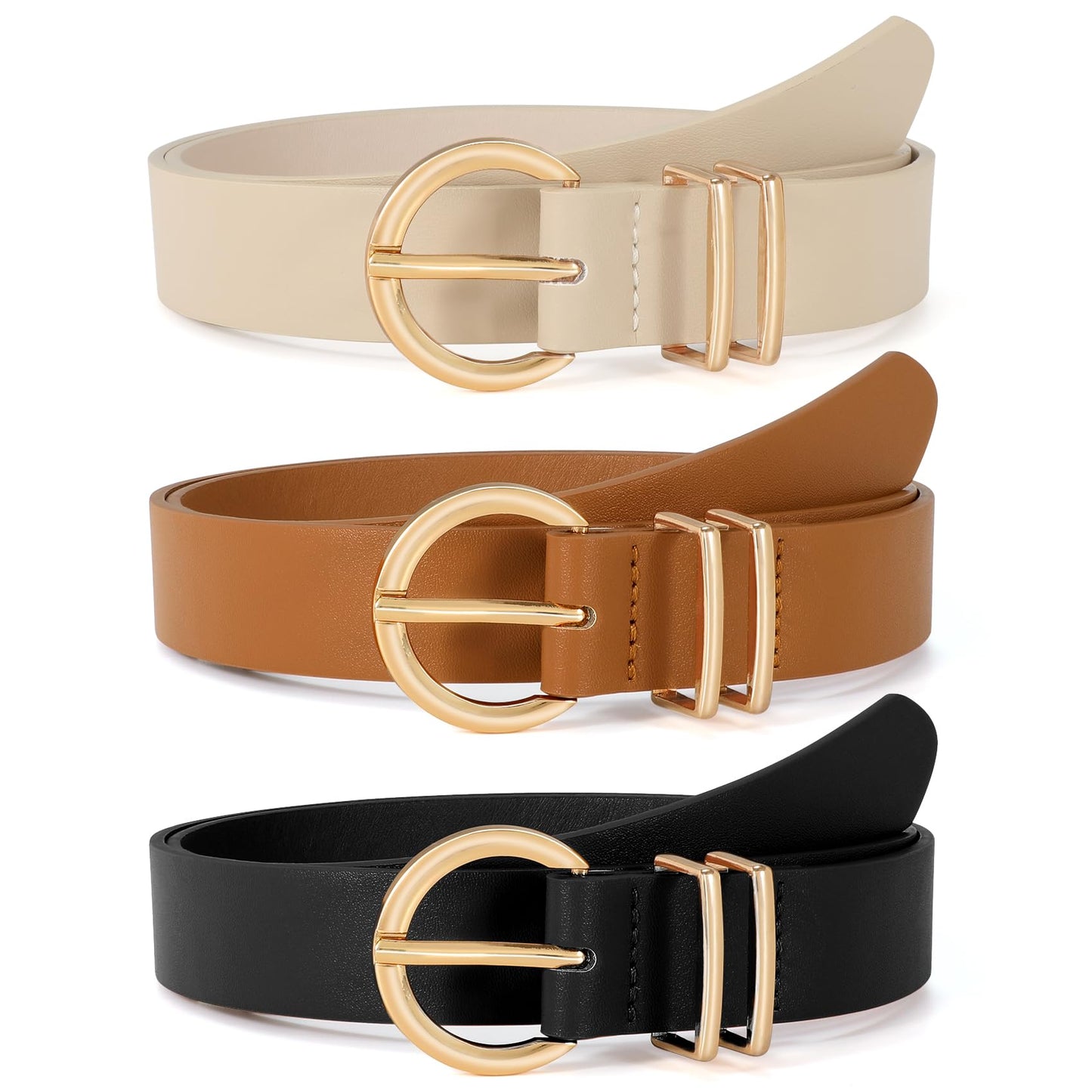 VONMELLI 3 Pack Women's Belts for Jeans Dresses Leather Belts for Women Ladies Waist Belt with Gold Buckle, Black Brown Beige M