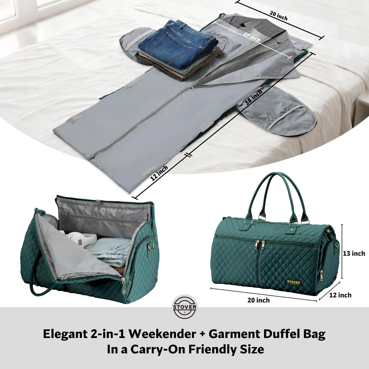 STOVER Women’s Convertible Garment Duffel Bag for Travel – 2-in-1 Carry-On Weekender/Overnight Tote - Wrinkle-Free Dresses, Suits & Clothes + Shoe Compartment & Bonus Toiletry Bag (Emerald Green)
