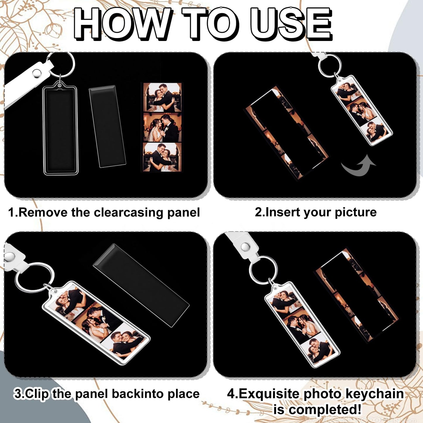 ForraFun 30 Pcs 1x3 Inch PU Leather Mini Photo Strip Keychain Frames Acrylic Photo Booth Keychain Picture Keyring Holder Blank for Wedding Birthday Gift Photobooth Party Favors