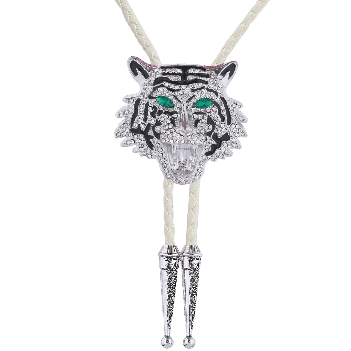 GelConnie Rhinestone Bolo Tie for Women Full Rhinestone Tiger Head Silver Bolo Tie for Men Wedding White Leather Cord Cowboy Ties