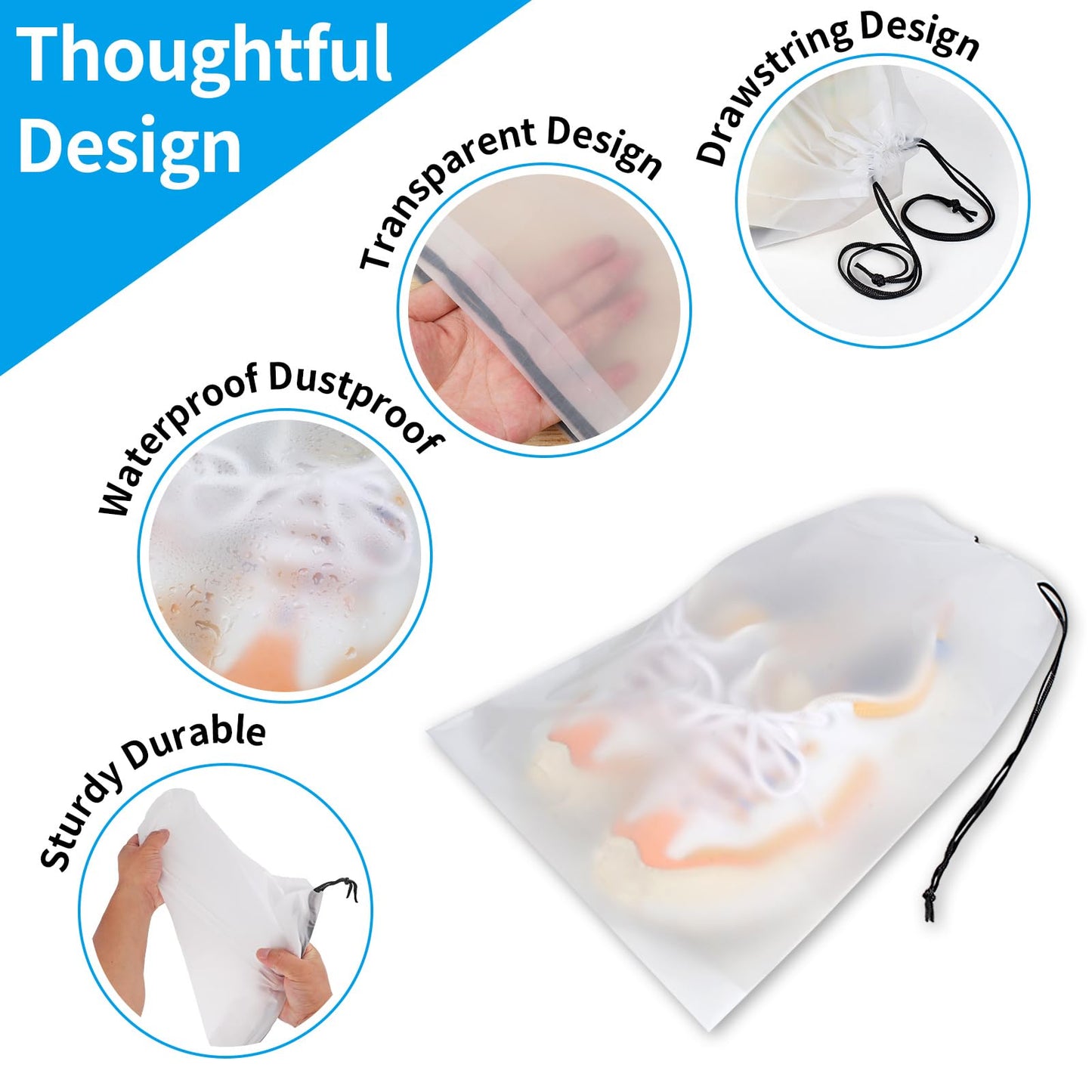 COIDEA, Waterproof Travel Drawstring Shoe Bags for Packing, Storage, Travel Essentials for Men and Women, 15.7 x 11.8 inches, Clear, 5 pieces