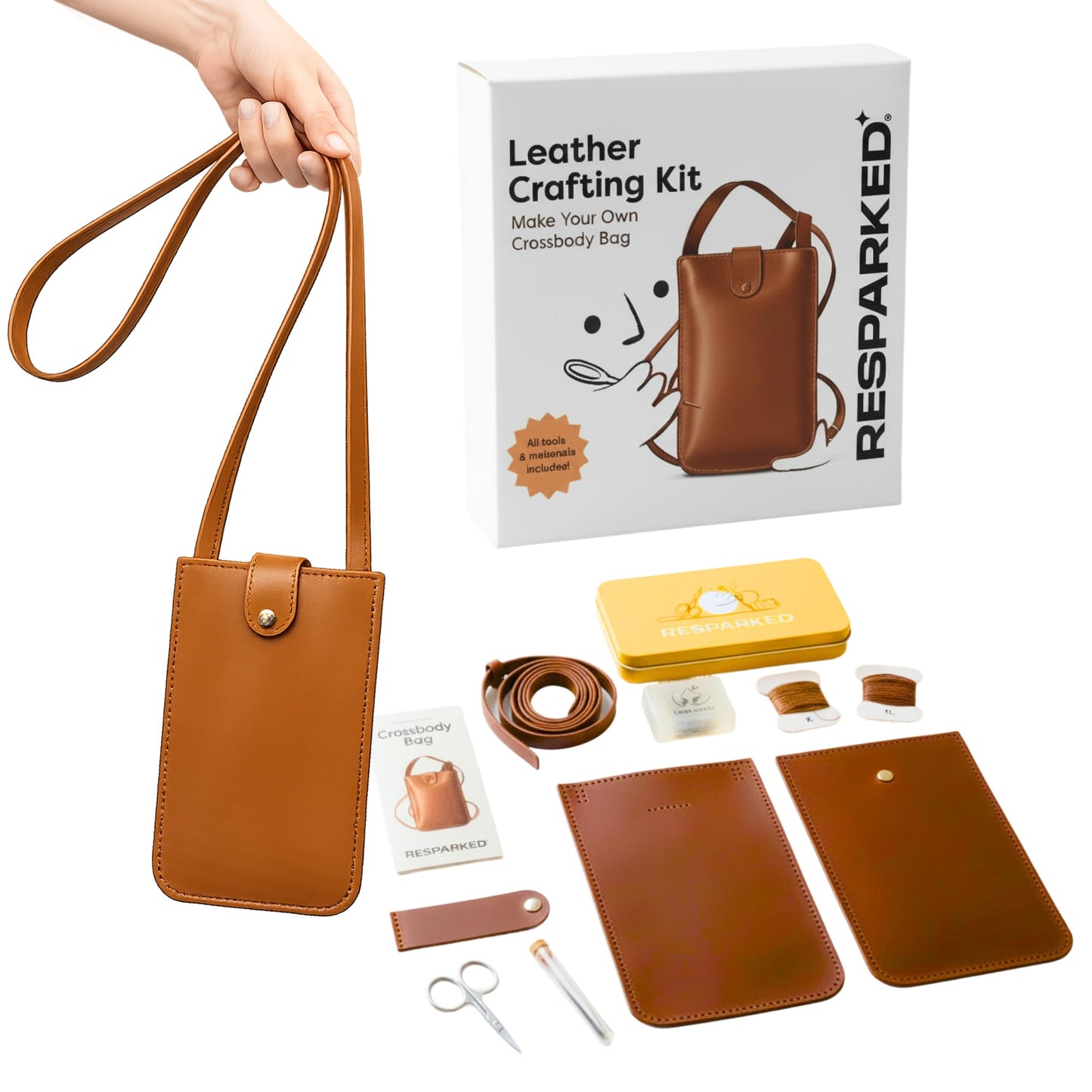 Resparked Leather Small Tote Bag – Women’s Handbags, Shoulder Bag, Crossbody Purse, Black & Brown Tote Purse for Work, Travel, DIY Leather Crafting Kit Gift Bag