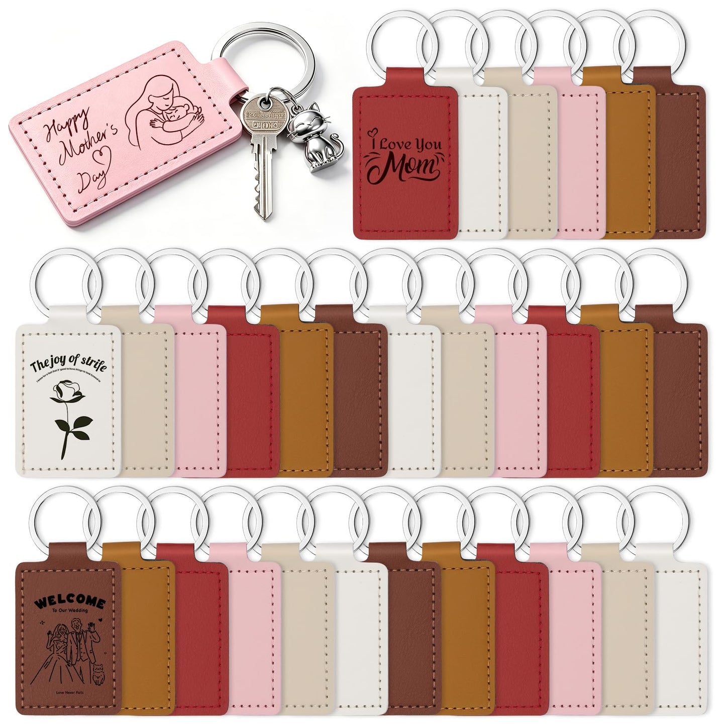 Tikjiua 30 Pcs Leather Key Fob Kit, 6 Colors Leather Keychain Blanks, Rectangular PU Key Chain Blanks with Keychain Rings for DIY Laser Engraving, Stamping Crafts Leather Working