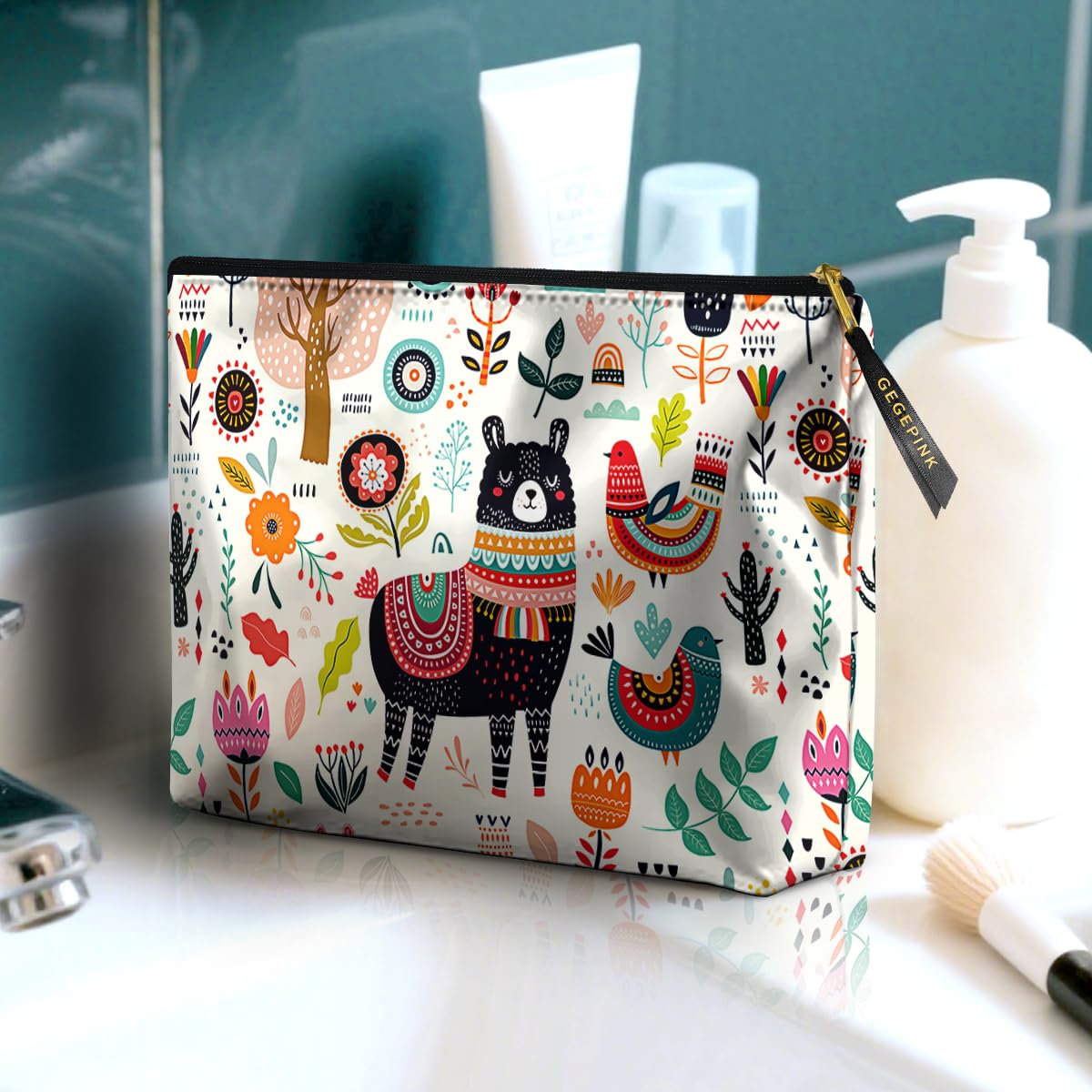 GEGEPINK Cute Makeup Bag for Purse Waterproof Cosmetic Bags for Women Funny Smooth Zipper Travel Toiletry Pouch 10X8 Inches-Creamy Alpaca Makeup pouch