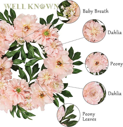 WELL KNOWN Artificial Silk Peony Flower Wreath, Fall Winter Wreaths for Front Door Porch, Wreath for Home Office Shops Wall Hanging Window Wedding Farmhouse Thanksgiving Party Decor (Blush Pink)