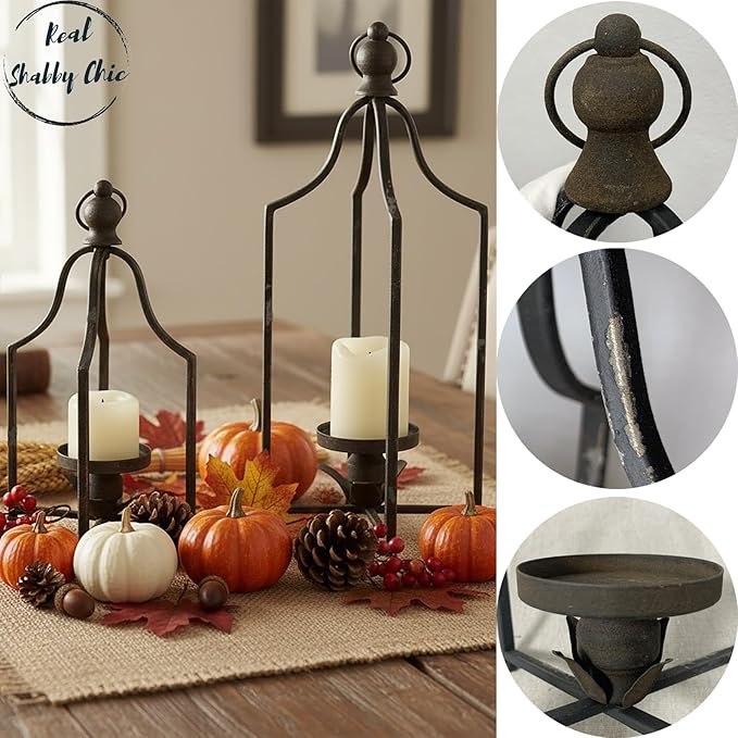 12.5" & 16.5" Timeless Cozy Decorative Lanterns Set of 2, Handcrafted Metal Iron Candle Holders, Farmhouse Elegance Fireplace Mantel Table Festive Gatherings Decor
