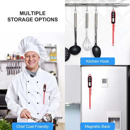 Lonicera Digital Cooking Thermometer for Bread Baking, Food and Water Temperature Measurement. Waterproof and Long Stem with Meat Temp Guide, Display with Backlit (Red)