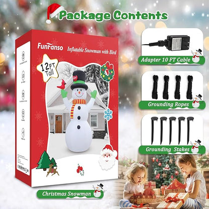 FunFanso 12 FT Christmas Inflatable Snowman with Bird, Blow Up Outdoor Decorations Built-in Bright LED Light, Giant Blow Up Snow Man Wear Magic Hat Holiday Yard Garden Patio Mall Display Hall Decor