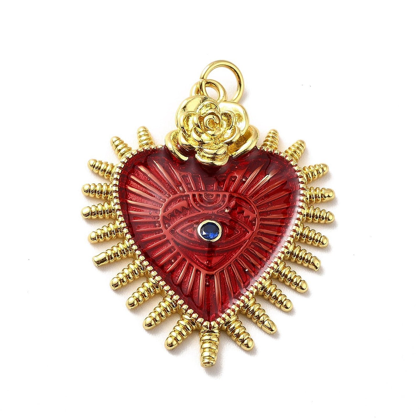 Stiesy Gothic Heart with Rose Charms 10Pcs, 18K Gold Plated Cubic Zirconia Charms Enamel Lucky Eye Pendant Charm Bulk for DIY Protection Jewelry Making Halloween Craft Decoration