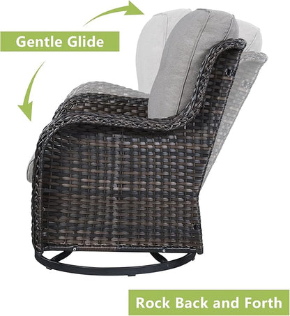 Rilyson Wicker Patio Furniture Set - 5 Piece Rattan Outdoor Sectional Conversation Sets with 2 Rocking Swivel Chairs,2 Ottomans and 1 Sofa for Porch Deck Garden(Brown/Grey)