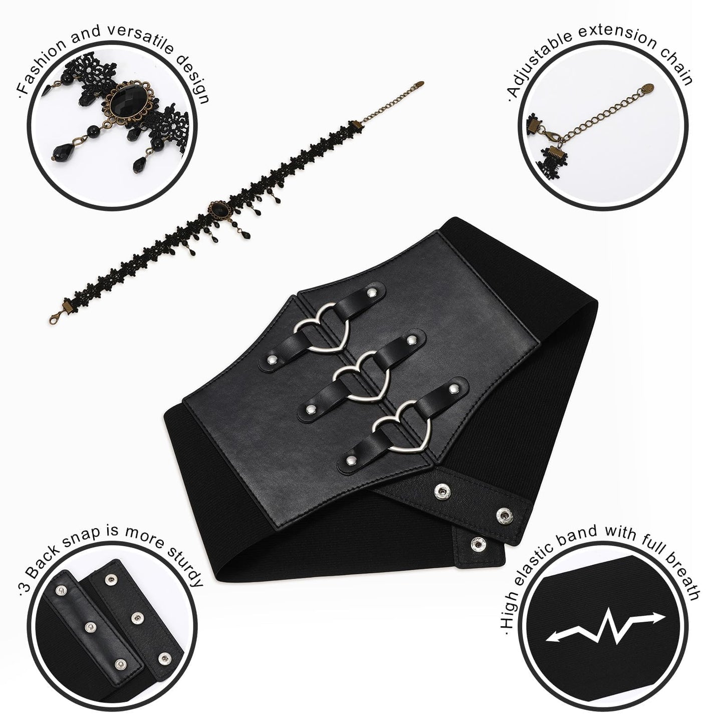JKEEMI Women Corset Belt With Black Choker Set，Heart-Ring Wide Elastic Waist Goth Leather Corset for Daily Cosplay Halloween Costume Gifts