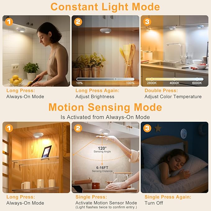 Motion Sensor Puck Lights, 3 Color Temps Dimmable LED Closet Light, Wireless USB Magnetic Cabinet Lights, Stick On Motion Sensor Light Indoor for Stair, Kitchen, Shelf (6 Pack)