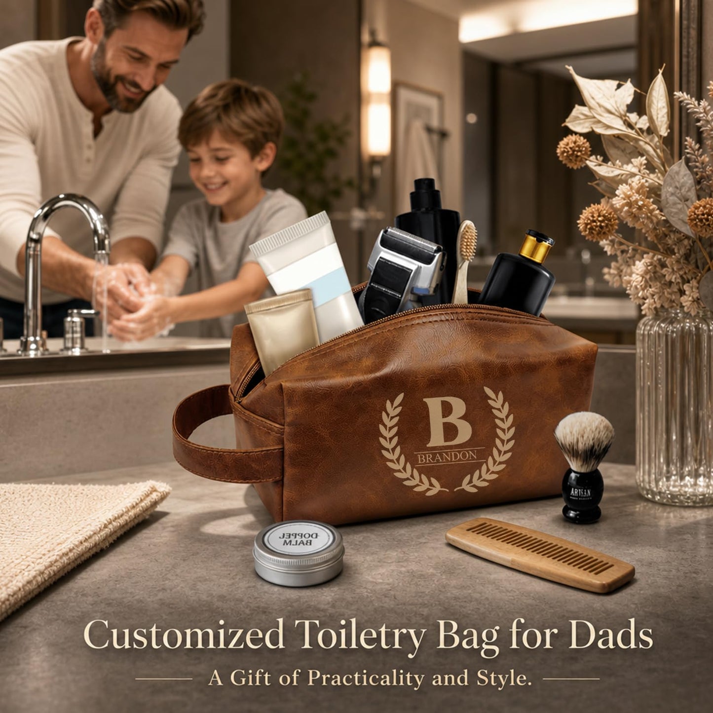 Personalized Leather Toiletry Bag For Men – Custom Dopp Kit With Name Or Initial, Travel Kit For Men, Personalized Gifts For Men, Fathers Day Birthday Anniversary, Valentines Day Graduation Gifts