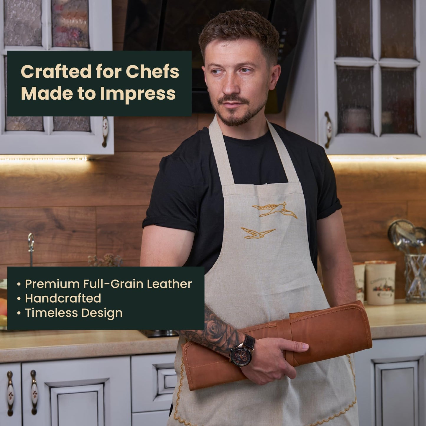 OMBUO Professional's Leather Knife Roll Bag, Leather Knife Roll For Chef, Caramel Brown
