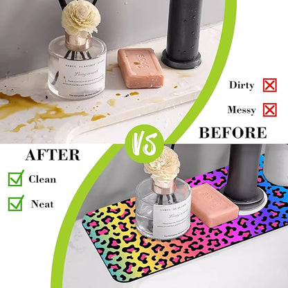 Sink Faucet Absorbing Mat Rainbow Colored Leopard Print Sink Splash Guard