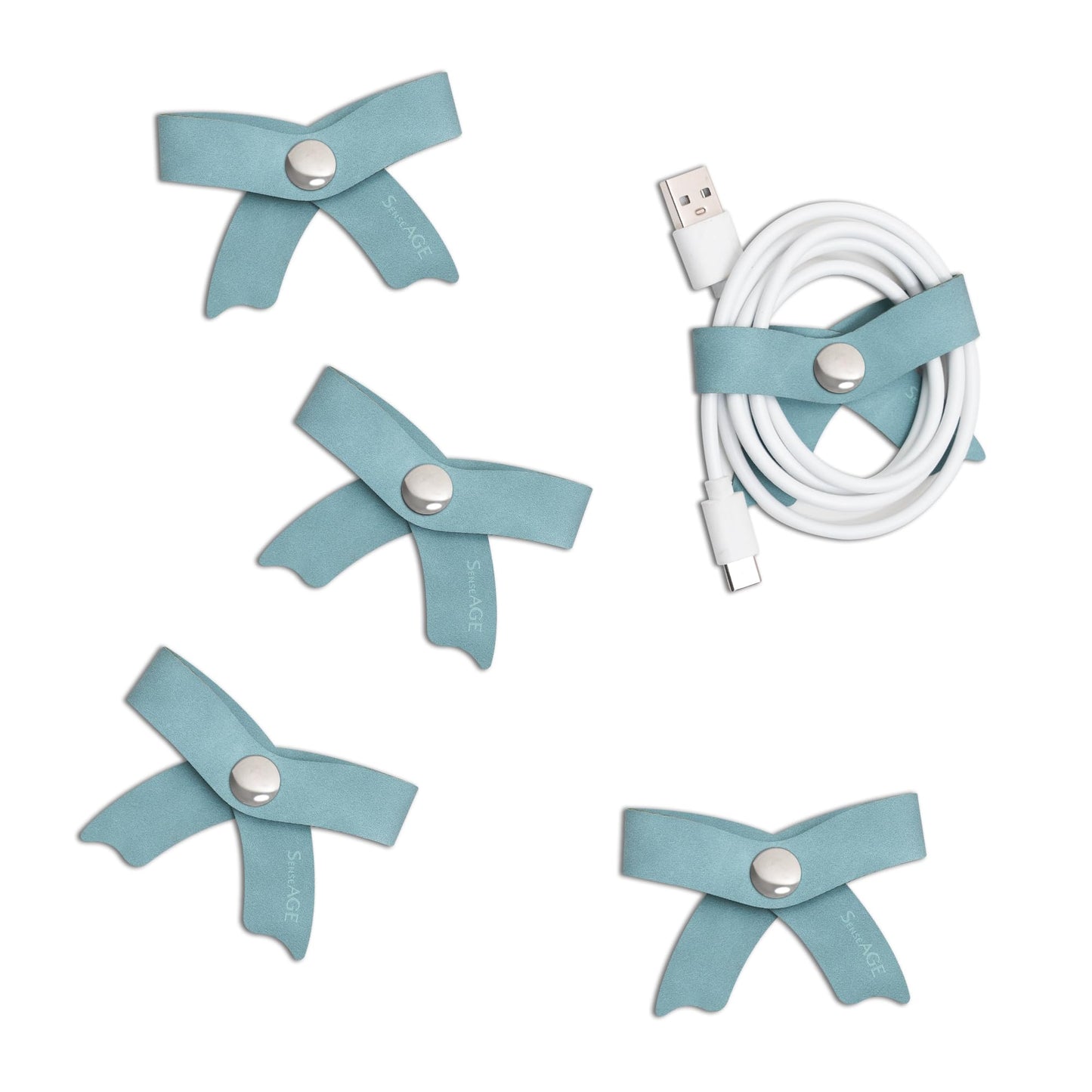 SenseAGE 5 Pack Cord Organizer, Bow Cord Keeper, Cable Organizer USB Holder, Leather Cable Management, Cable Straps, Earphone Winder, Storage Straps for Electronics, Earbuds (Baby Blue, Big)