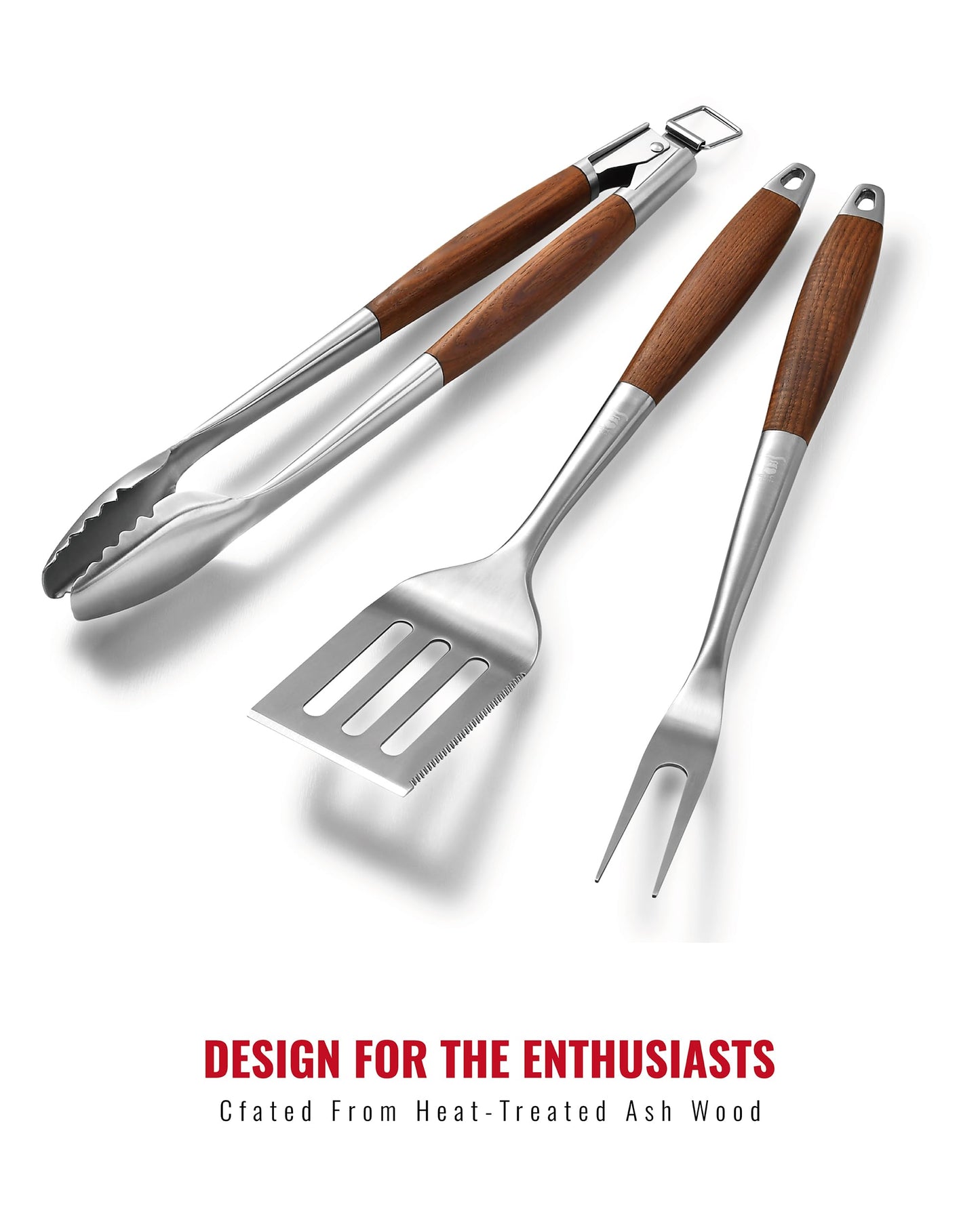Heavy-Duty Heat-Treated Ash Wood BBQ Grilling Tools Set | Extra-Thick Stainless Steel Spatula, Fork & Tongs | Essential Barbecue Accessories, for Grill Enthusiasts