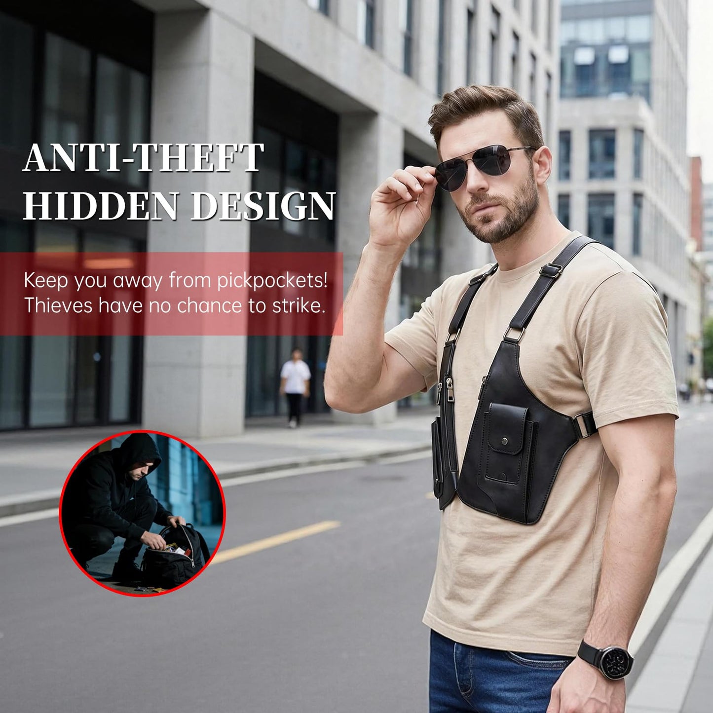 Pawbena Double Shoulder Armpit Bag for Men, Anti-Theft Underarm Shoulder Holster Bag with Adjustable Strap, Hidden Phone Wallet Pocket for Travel & Daily Commute (Black)