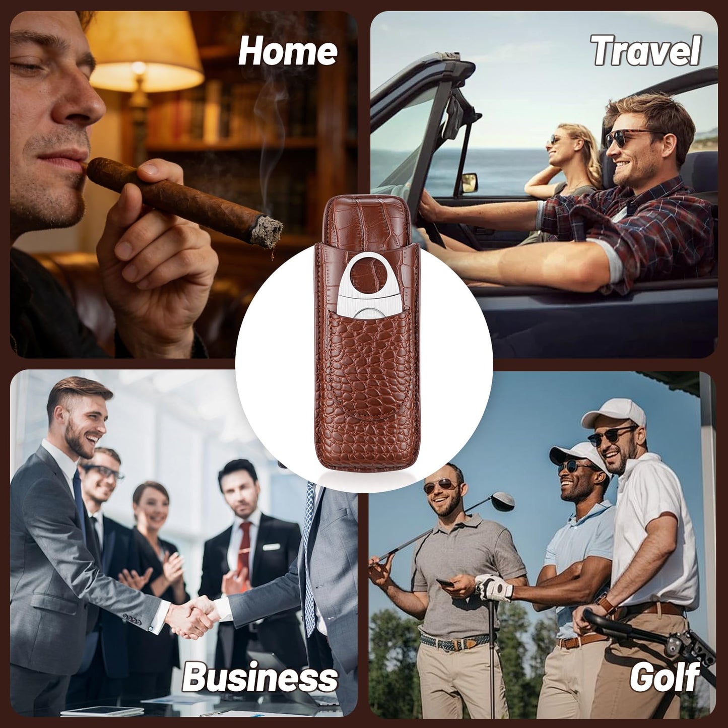 cgaplus 2-Finger Cigar Case with Cutter Crocodile Pattern Leather Cigar Humidor Case Portable Travel Cigar Case for Men(Brown)