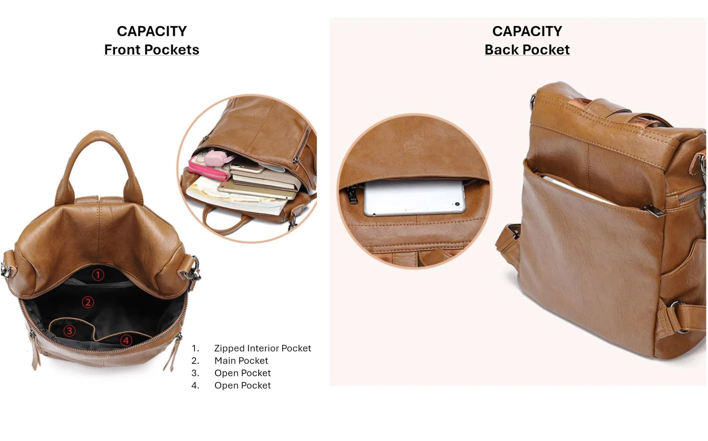 AurexaFashion Genuine Cow Leather Backpack Shoulder Handbag Bag for Women, Top Handle & 2 Detachable Straps- Brown