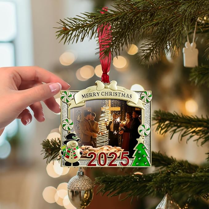 2025 Christmas Tree Ornament Picture Frame Ornament - Made of Zinc Alloy Glitter Powder Pendant 3x2.5 Inch Picture Frame for Pet and Baby Holiday Keepsake Gift (Snowman,Golden)