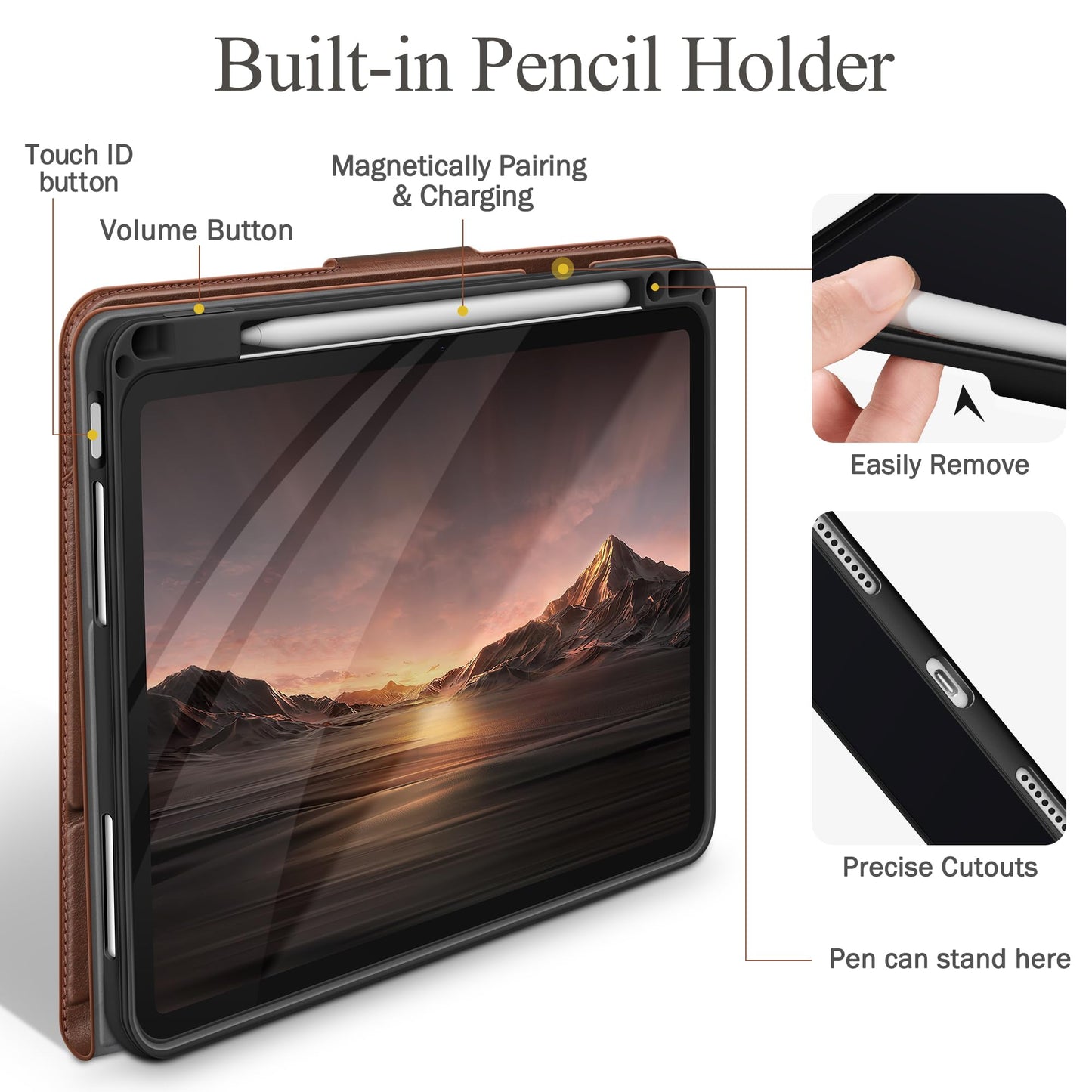auaua Case for iPad Air 13 inch M4/M3/M2(2026/2025/2024), with Pencil Holder and Pocket, Multiple Viewing Angles, Magnetic Closure, Auto Sleep/Wake (Brown)