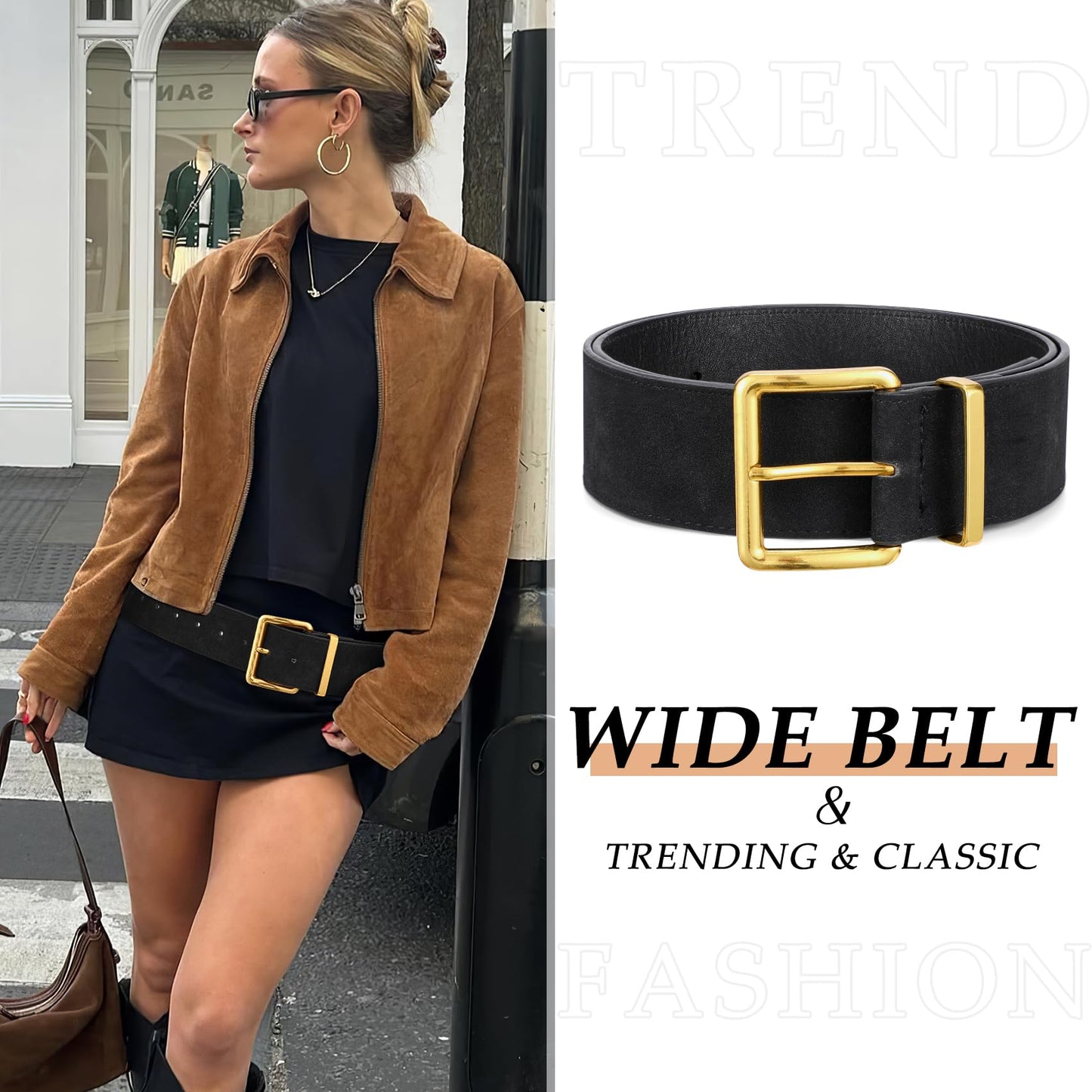 WERFORU Women Wide Chunky Belt for Dresses Fashion Thick Suede Belt with Big Gold Buck,Black