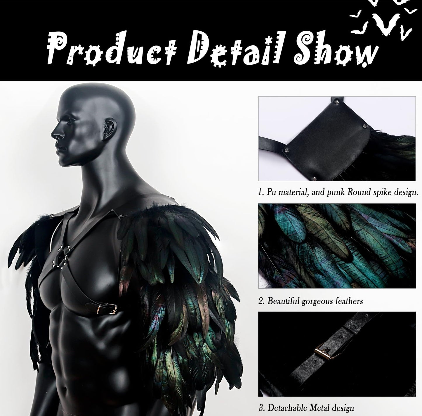L'VOW Men's Feather Shoulder Armor Medieval Leather Harness Shoulder Guards Halloween Demon Cosplay(Black-2)