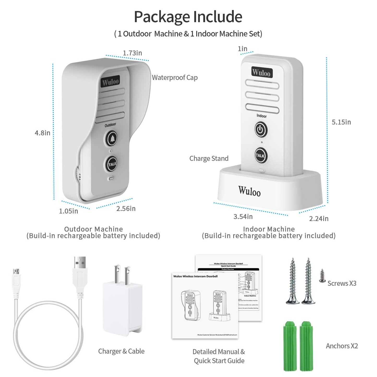 Wuloo Wireless Intercom Doorbell Chime for Home Intercomunicador (1&1-White)