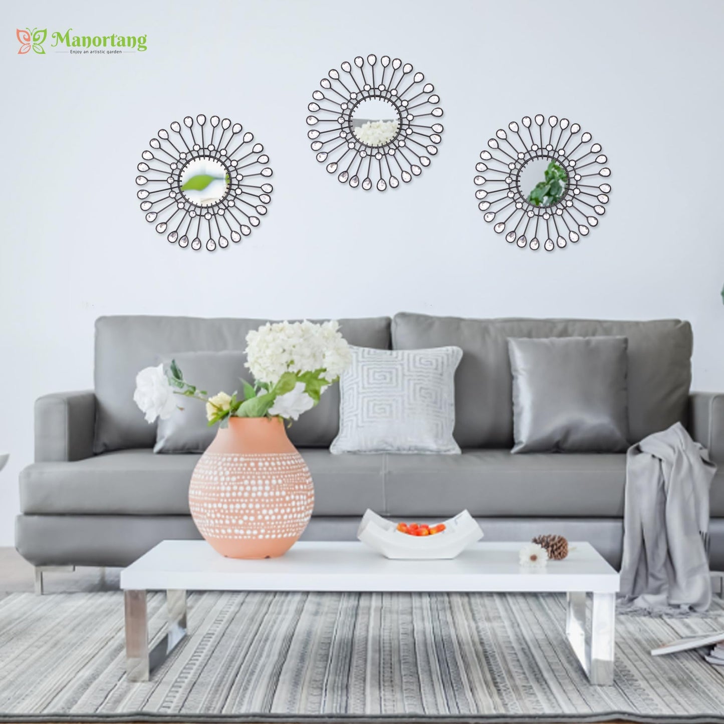 Black Mirrors 3 Piece,Sunburst Mirror Hanging Wall Decor,9inch indoor Adorn