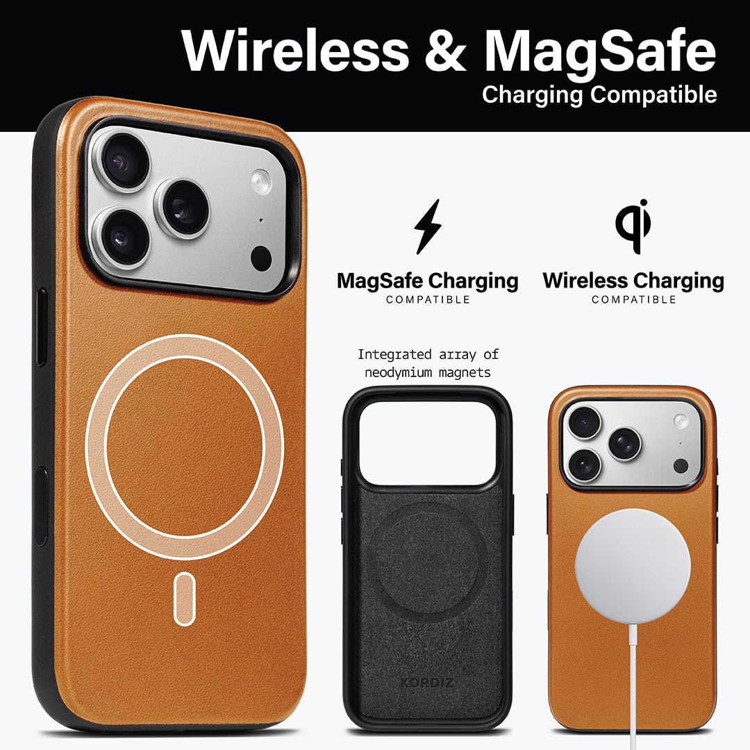 KORDIZ Impact Leather Case for iPhone 17 Pro – Full-Grain Leather MagSafe Case with Camera Control Button – 360° Shockproof Bumper – Rugged Patina-Ready Protection – Slim Grip Cover (English Tan)
