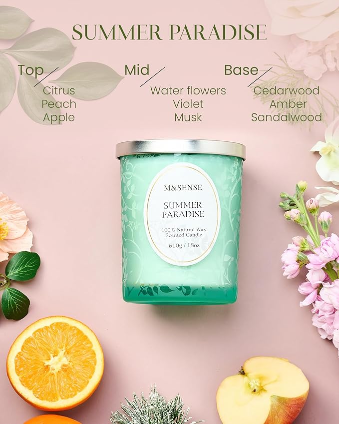 M&SENSE Summer Paradise Scented Candle, Cracking Wooden Wick Soy Wax, 18oz 100 Hours Long Lasting Clean Burn, Large Jar Candles for Home Decor, Non-Toxic Relaxing Aromatherapy Gifts for Women