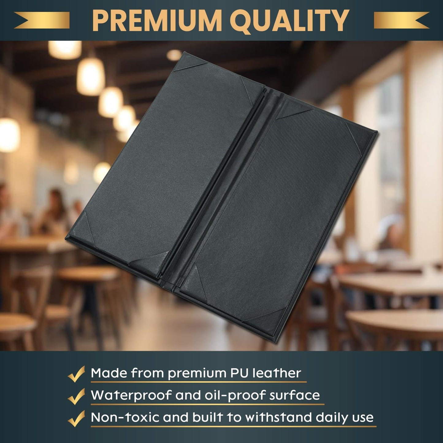 AMGSH 12 Pack 4 View Menu Holder Menu Covers 4.25" x 11" | Black Leather Menu Sleeves Book Style for Restaurant Coffee Bars Wine List
