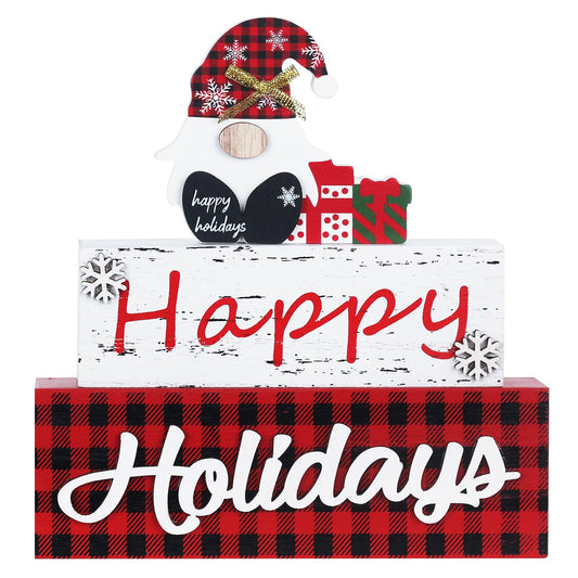 MEETYAMOR Christmas Decor, Large Size 3-Layered Gnome Wood Block with Happy Holidays Sign Christmas Table Decor, Farmhouse Rustic Xmas Decorations Indoor for Home, Mantle, Shelf, Living Room
