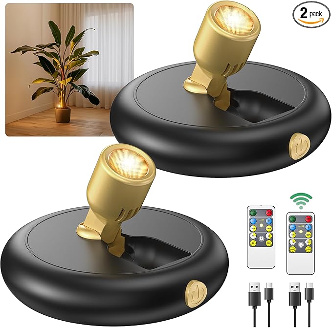 Rechargeable Battery LED Spotlight Indoor: Wireless Mini Art Accent Spot Lights with Timer Remote - Small Dimmable Uplight for Plants Display Painting Dartboard Artwork Portrait Closet