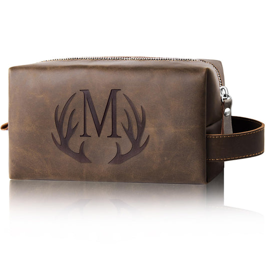 Aganmi Mens Toiletry Bag Personalized Easter Fathers Day Birthday Gifts for Men Him Initial PU Leather Waterproof Shaving Bag for Toiletries Accessories Travel Essential for Dad Husband Boyfriend (M)