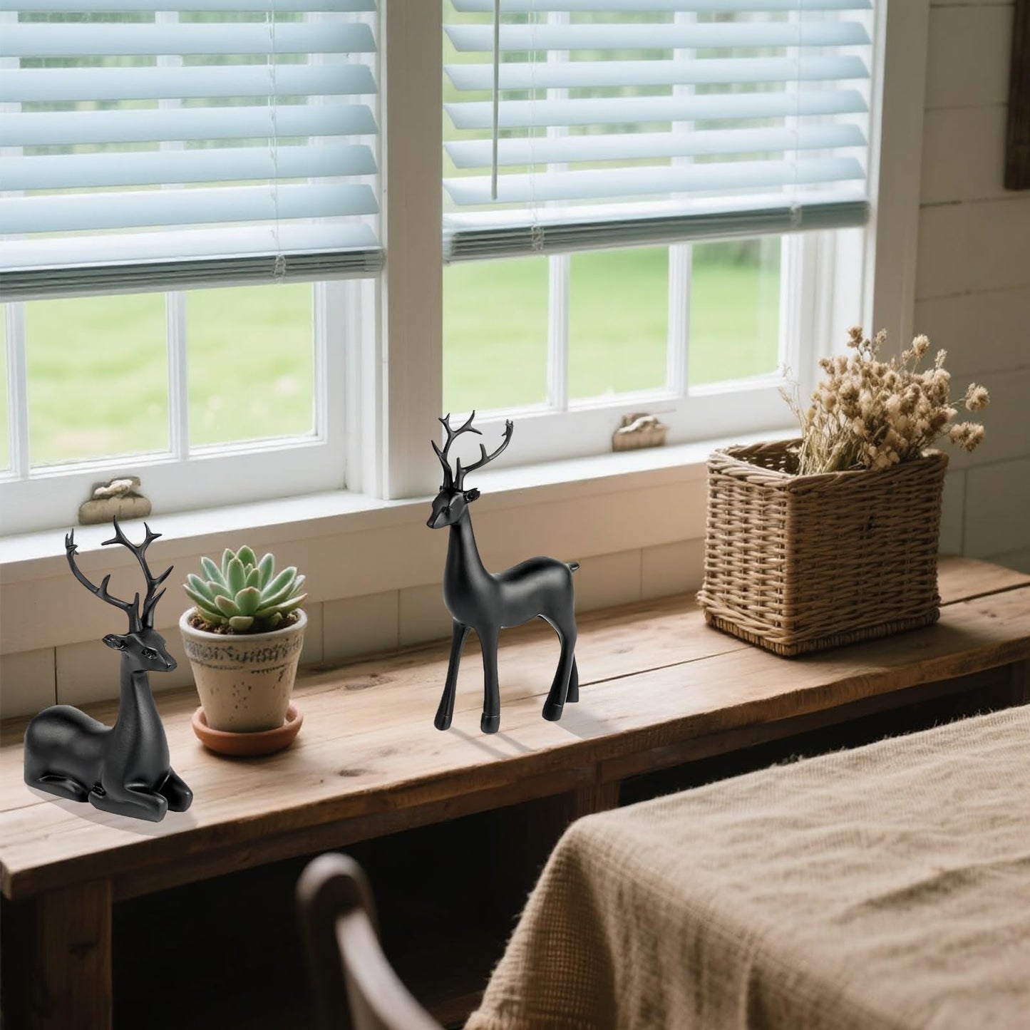 Black Small Reindeer Sculptures, 2 Pcs Matte Black Deer Christmas Decor, Modern Holiday Deer Statues, Reindeer Sculpture for Living Room, Bedroom, Office Desktop, Mantel, Shelf & Tabletop Decor