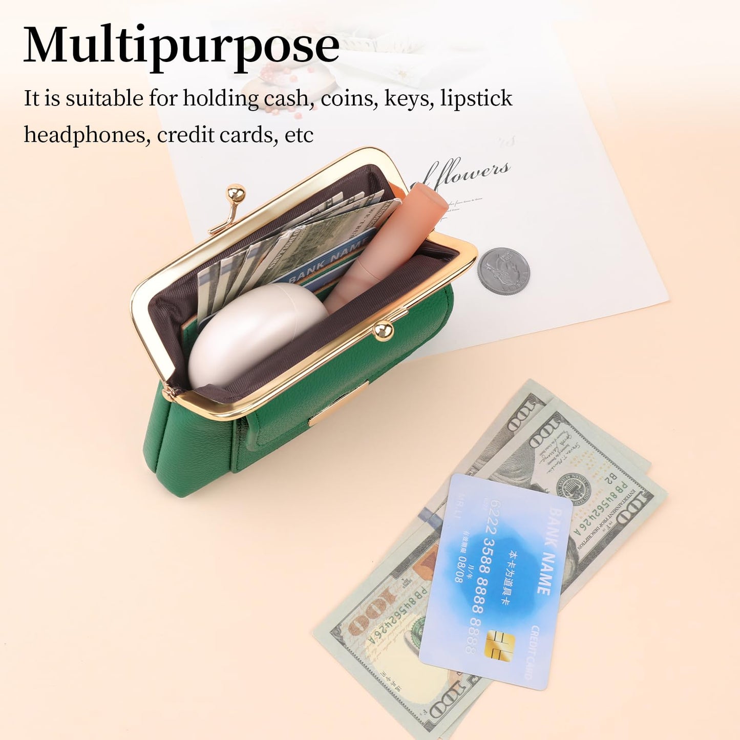 SENDEFN Kiss Lock Coin Purse Pouch for Women Small Change Pocket Wallet with 2 Credit Card Slot