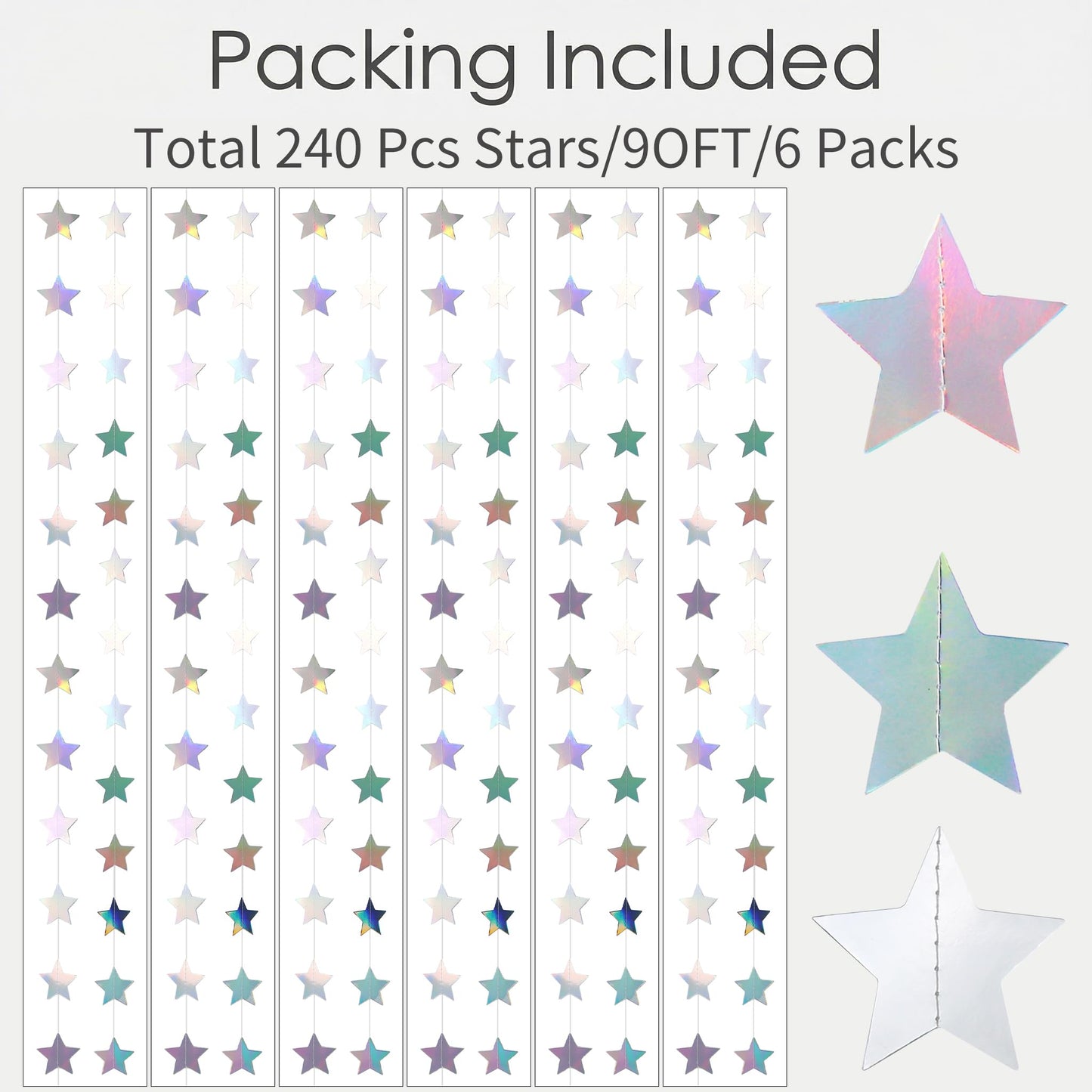 Iridescent-Star-Garland 90FT – 240 Pcs Sparkling Star Streamers-Hanging Glitter Star Banner Backdrop for Birthday, Baby Shower, Wedding, Christmas Party Decorations (6 Packs)